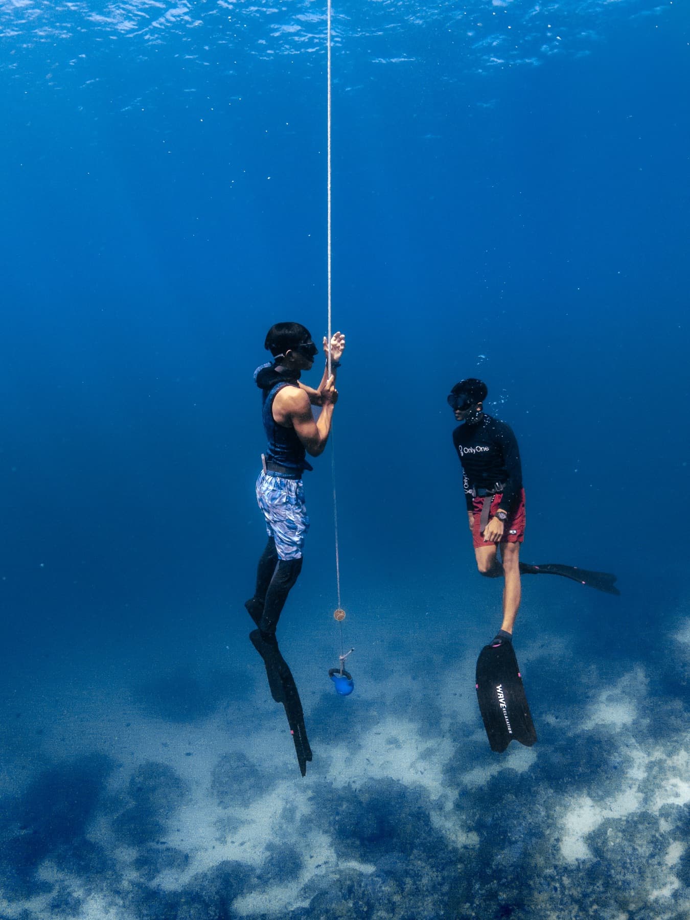 Freediver swimming over a coral reef