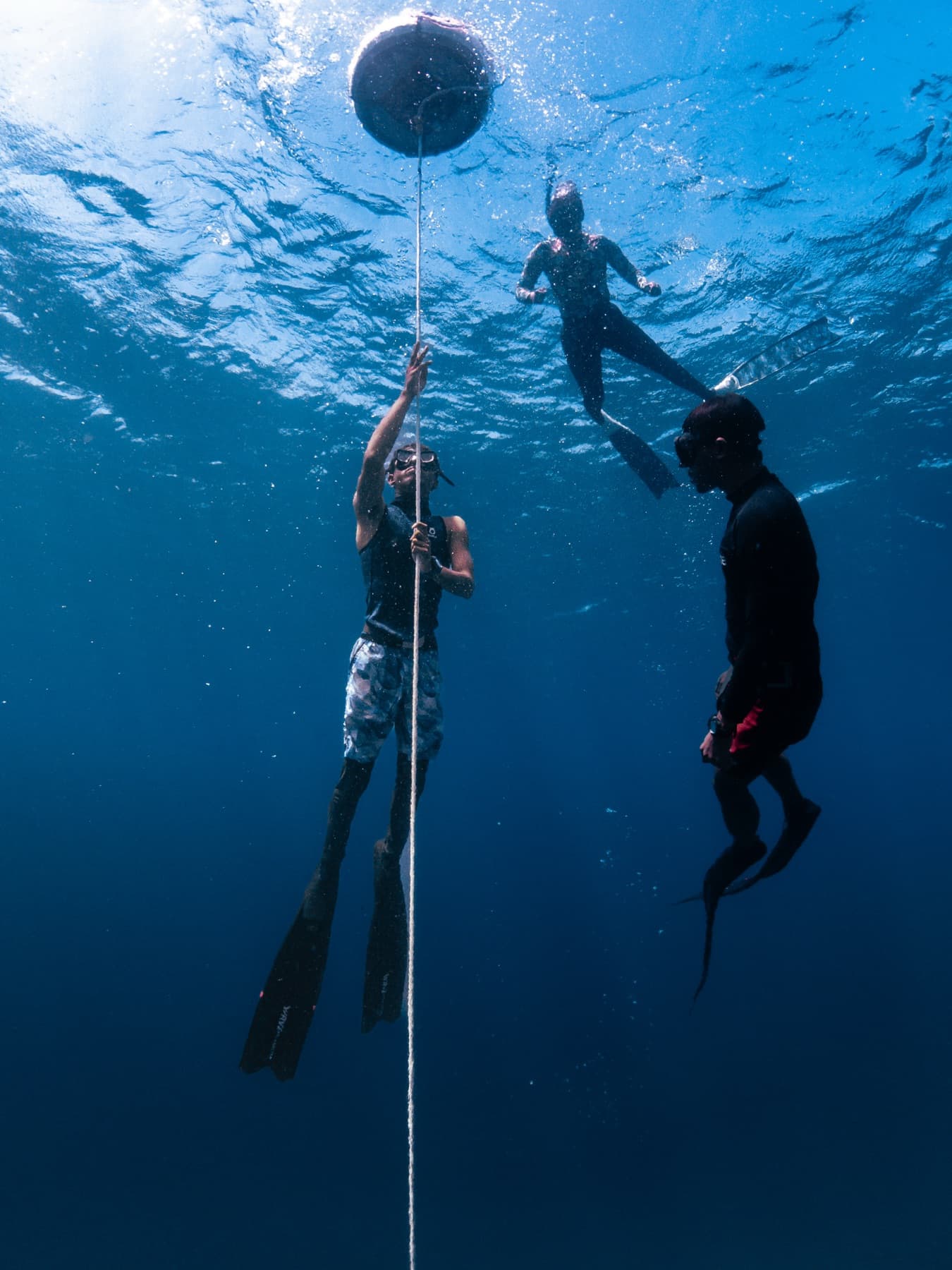 Freediver gliding above a coral reef in South Sulawesi
