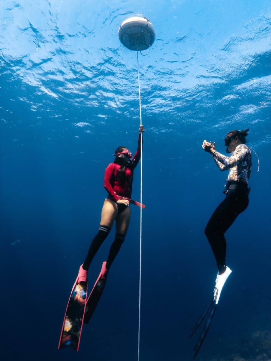 Two freedivers training on a guide line with a surface buoy in Bira, South Sulawesi